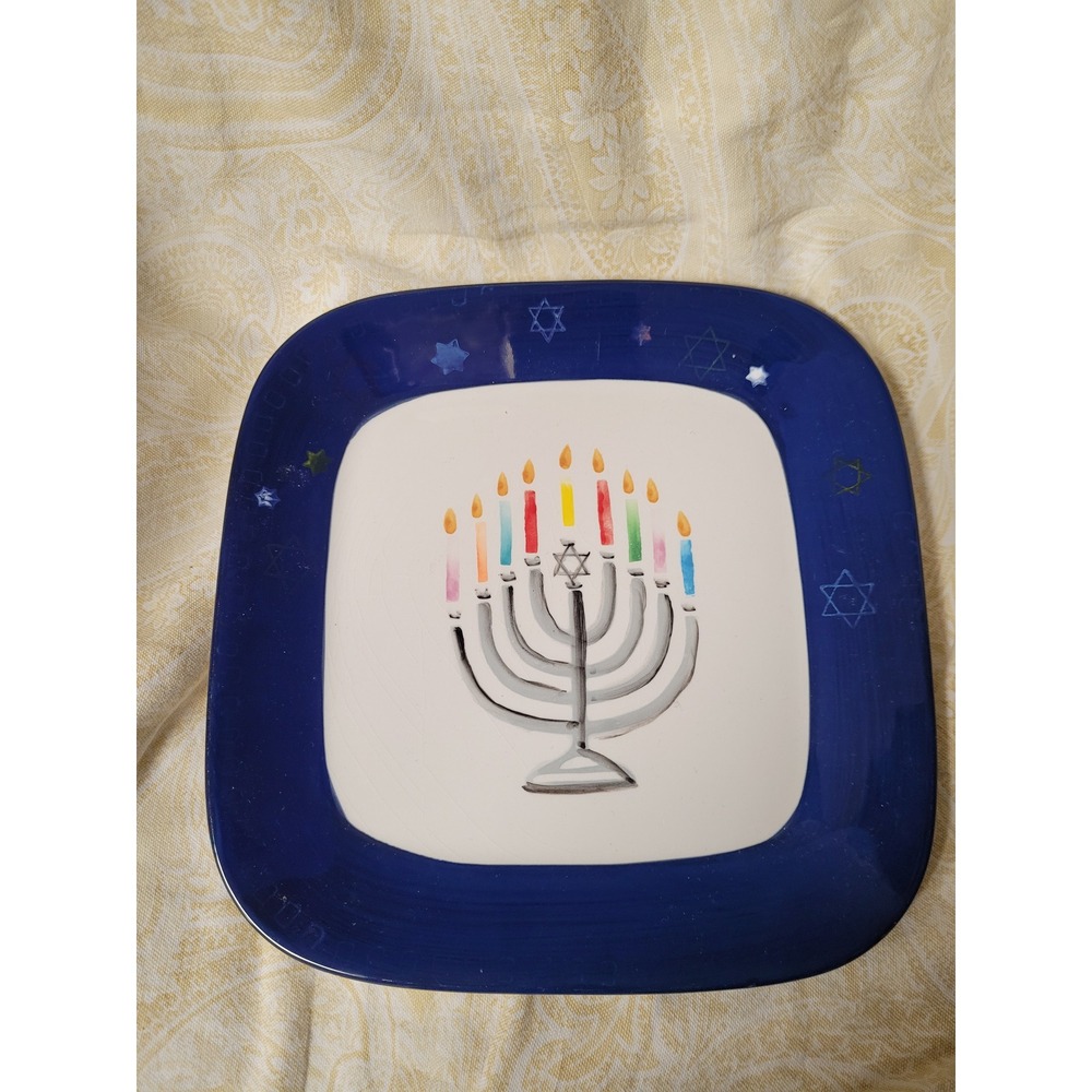 Hand Painted Hanukkah Menorah ND Square Serving Plate Blue Star of David 9.25in